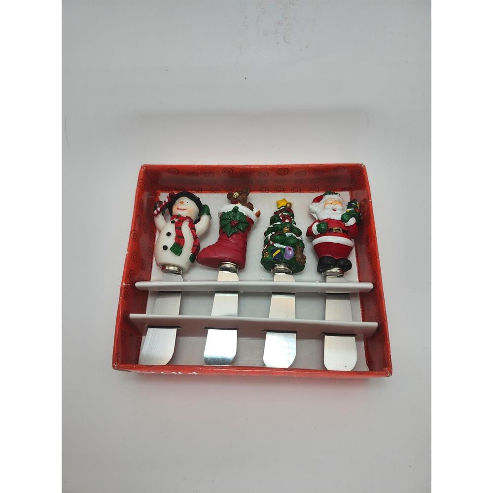 Set of 4 Handpainted Holiday Spreaders Snowman Santa Tree Stocking Christmas